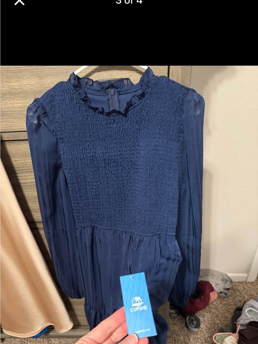 Cupshe Navy Smocked Long-Sleeve Ruffle-Hem Mini Dress - Picture 3 of 4